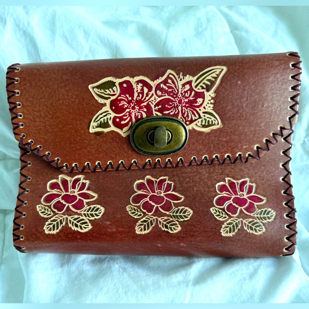 Vintage Y2K Boho Faux Leather Tooled Floral Brown Crossbody Bag
